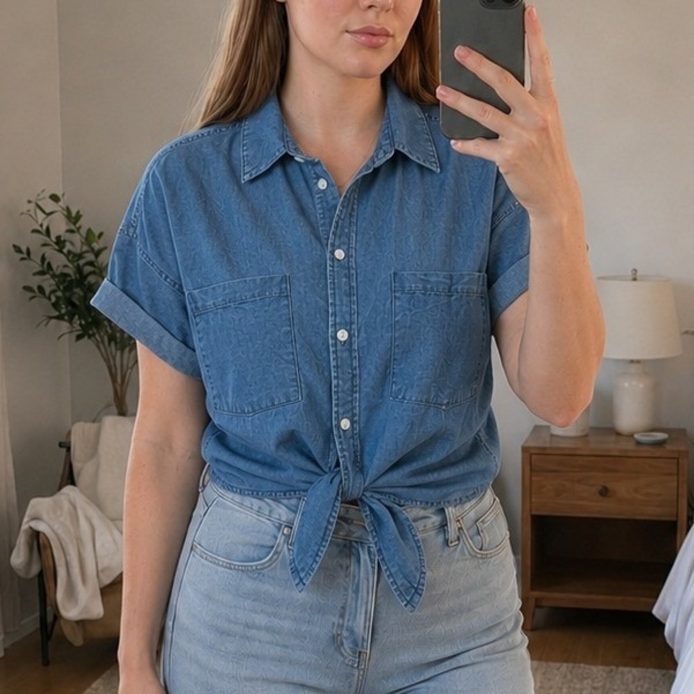 Sim & Sam Womens Denim Top XL Blue Tie Front Short Sleeve Western Boho Americana